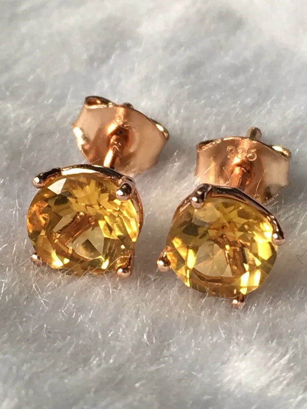 Natural Citrine Silver Earring, Round 6mm Stone, Ladies Jewelry