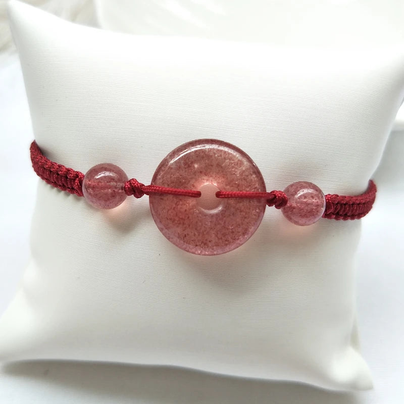 Natural Strawberry Quartz Circle Donut Red Rope Bracelet