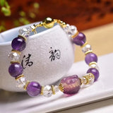 Natural Amethysts 8mm & Crystal Faceted Beads Women Bracelet Jewelry
