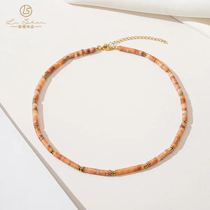 Pink Stone Necklace Beaded 14K Filled Collier Women BOHO Necklace