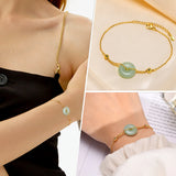 Nature Stone Amulet Bracelet, Stainless Steel Chain Circle Round Disk