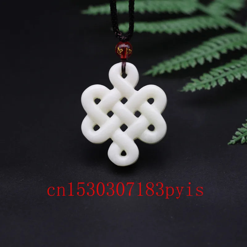 Natural Jade Chinese Knot Pendant Necklace Hollow Carved Charm Jewelry Amulet