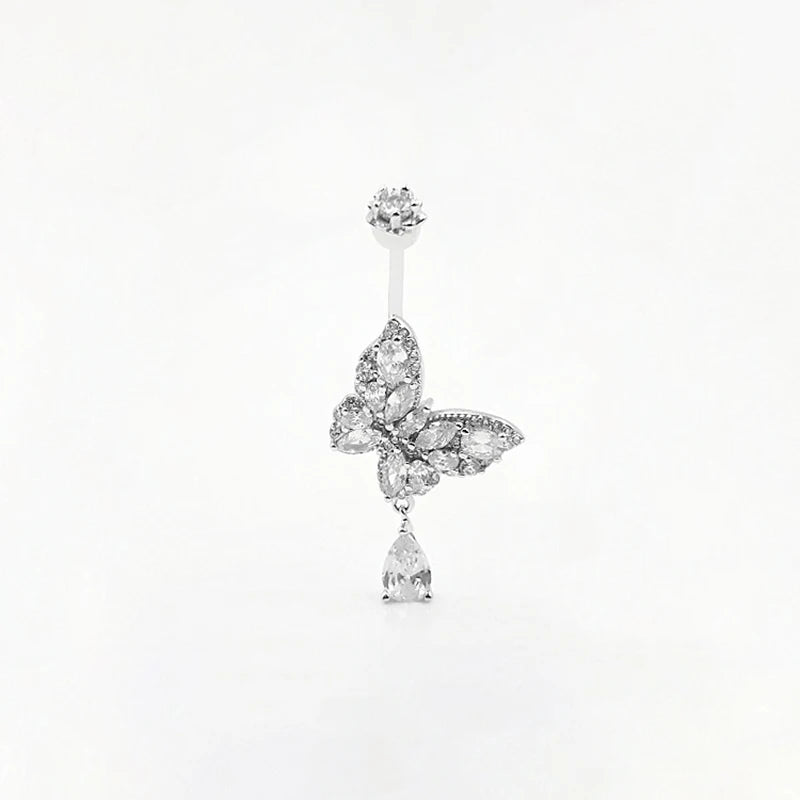 Silver 925 Navel Piercing Belly Button Rings Zircon Butterfly Jewelry