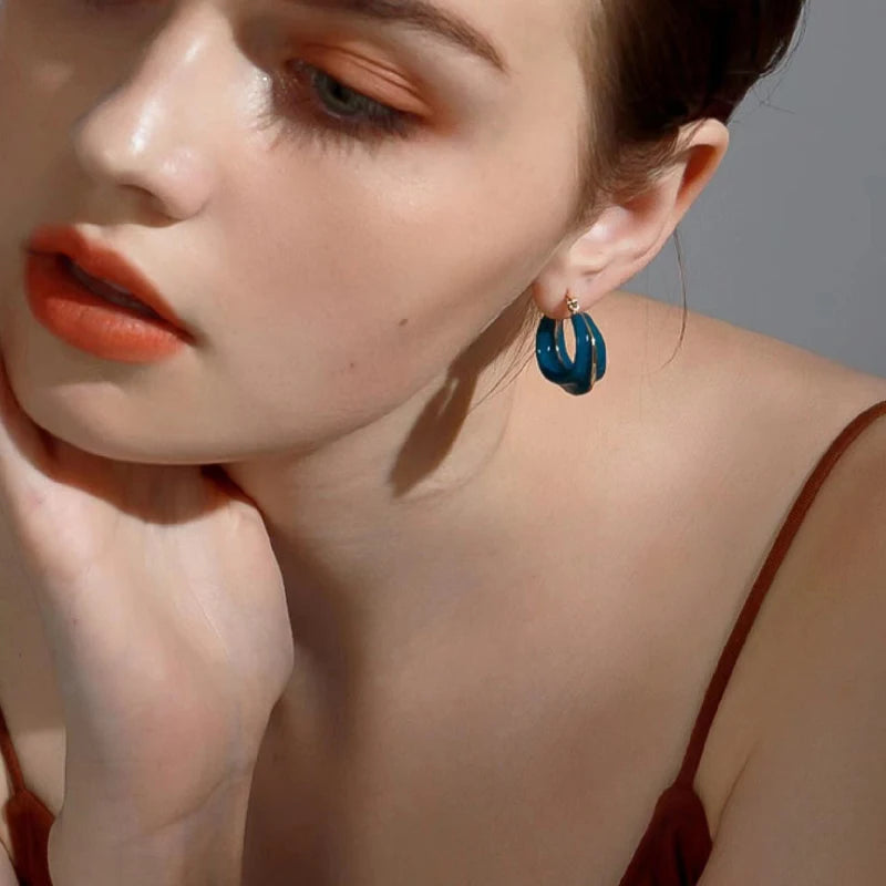 Navy Enamel Copper Hoop Earrings Vintage Geometric Item Party C1204