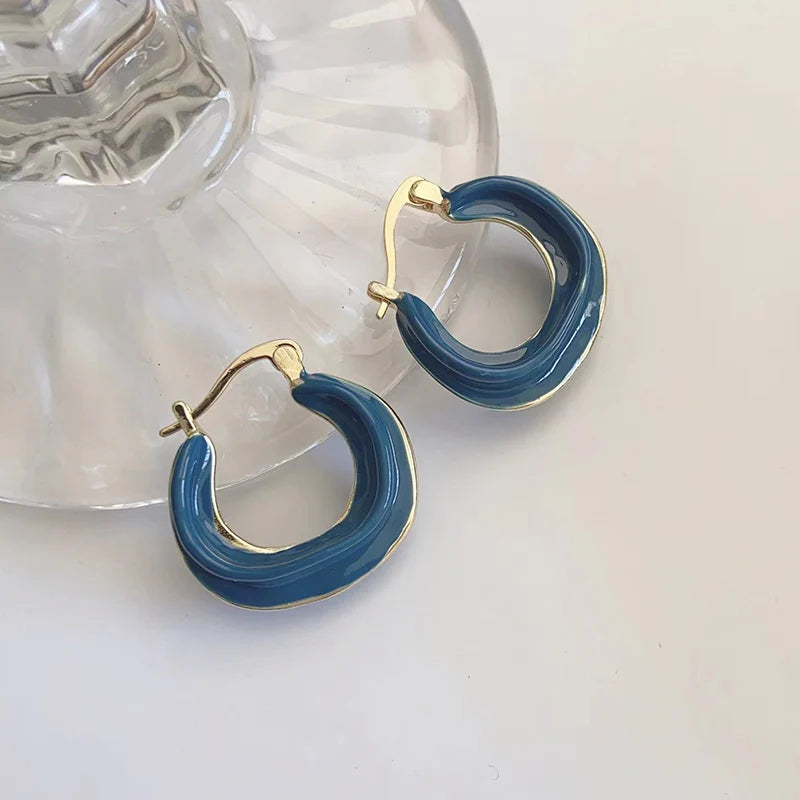 Navy Enamel Copper Hoop Earrings Vintage Geometric Item Party C1204