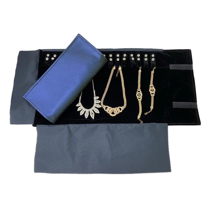 Navy Leather Jewelry Roll Bag Necklace Storage Box