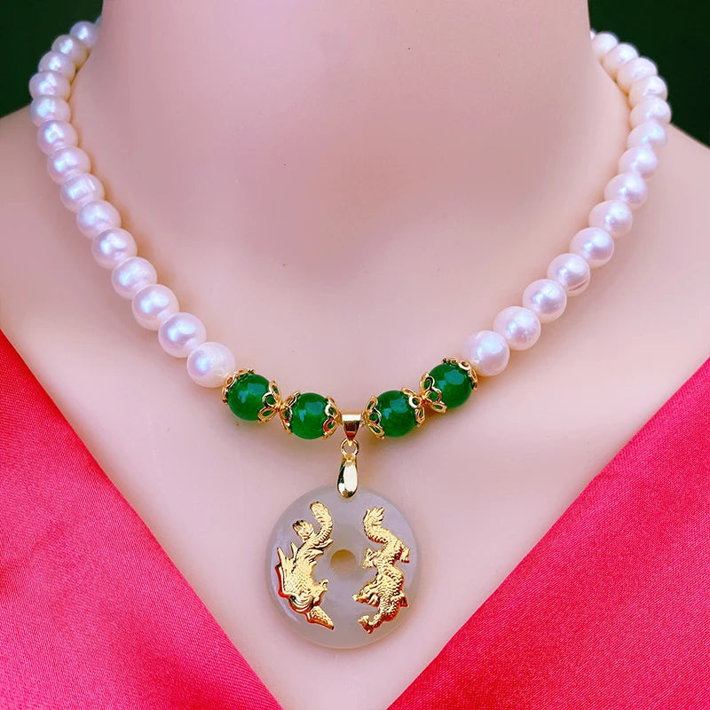 Round Pearl Necklace with Natural Jade Pendant for Mother