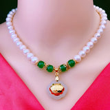 Round Pearl Necklace with Natural Jade Pendant for Mother