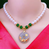 Round Pearl Necklace with Natural Jade Pendant for Mother