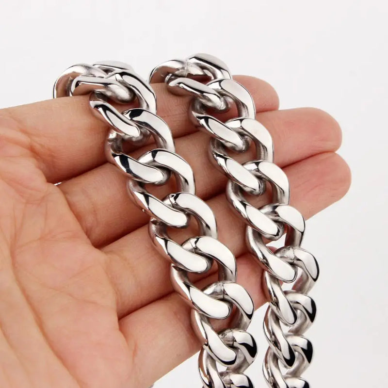 15mm Cuban Link Chain Men Silver Hiphop Long Necklace Stainless Steel