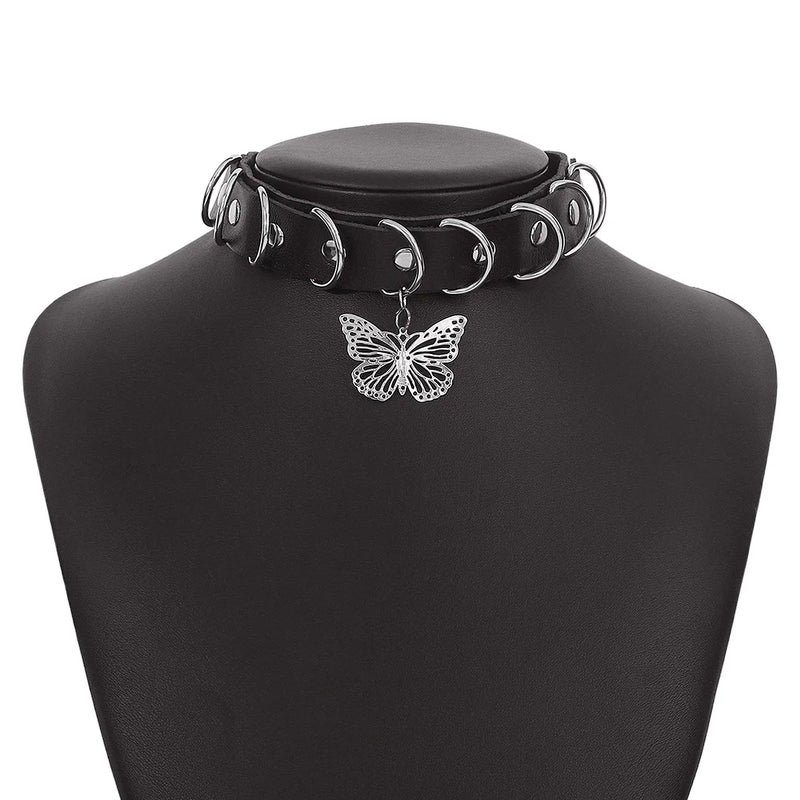Gothic Punk Leather Neck Chain Heart Butterfly Necklace