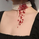 Blood Pearls Halloween Choker Gothic Style Tassel Necklace