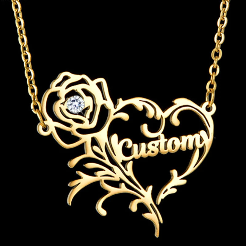 Rose Flower Women's Pendant Name Necklace Stainless Steel Necklaces For Women