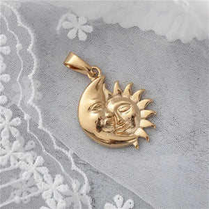Women's Stainless Steel Moon Sun Face Necklace Golden Chain Jewelry
