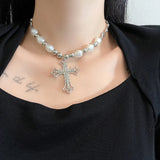 Hip-Hop Pearl Necklace Cross Pendant Clavicle Chain