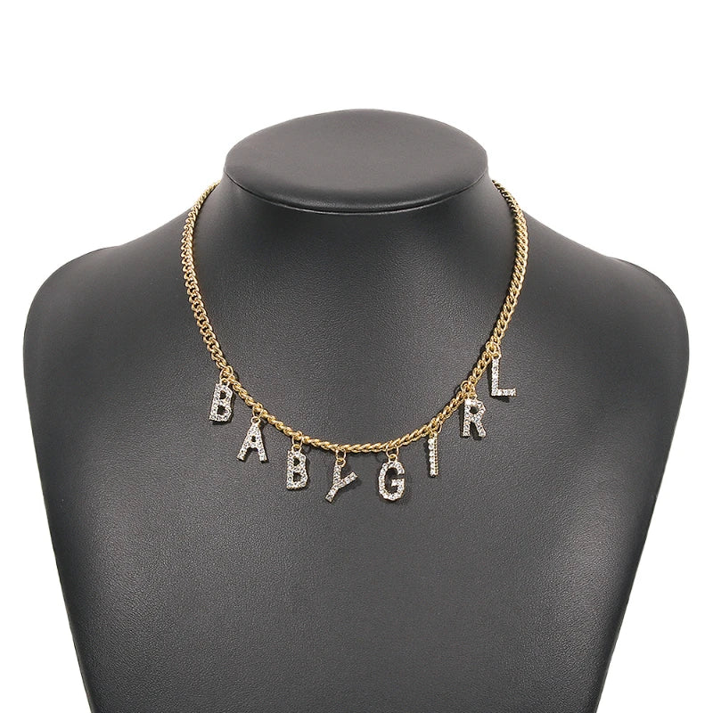 Rhinestone Letter Necklace Women Gothic Statement Necklace Chain