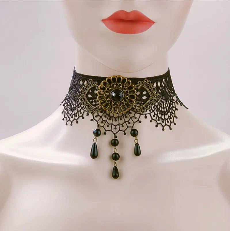 Gothic Punk Lace Retro Pearl Necklace Lady Necklace