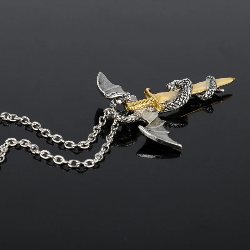 Vintage Dragon Sword Necklace Cross Pendant Unisex Jewelry