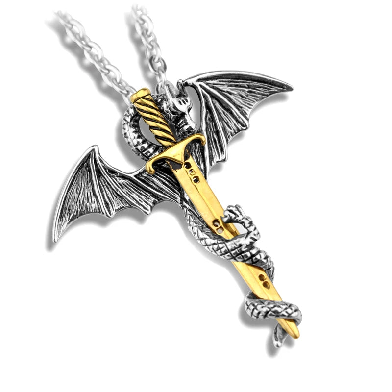 Vintage Dragon Sword Necklace Cross Pendant Unisex Jewelry