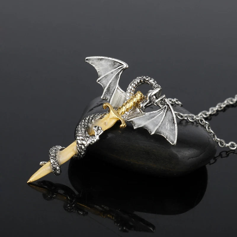 Vintage Dragon Sword Necklace Cross Pendant Unisex Jewelry
