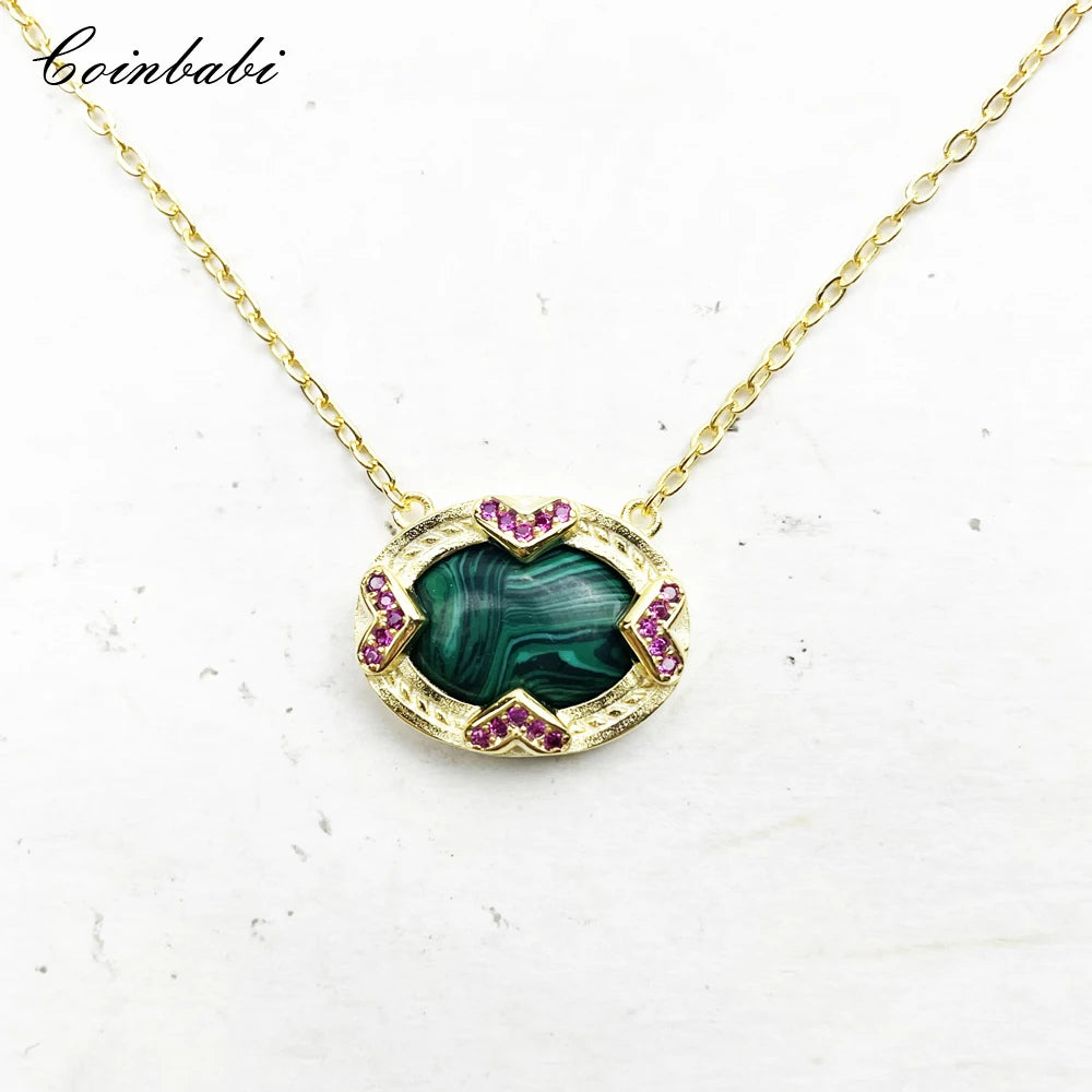 Green Stone Oval Necklace 925 Sterling Silver - Vintage Gift