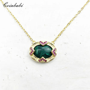 Green Stone Oval Necklace 925 Sterling Silver - Vintage Gift
