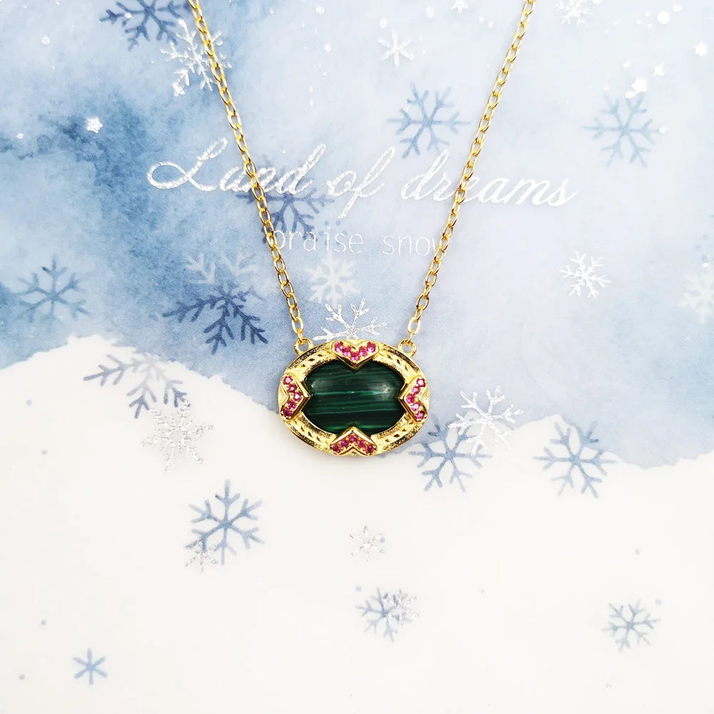 Green Stone Oval Necklace 925 Sterling Silver - Vintage Gift