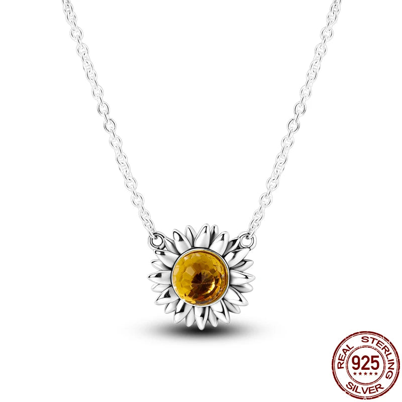 Sunflower Crystal Pendant Necklace Silver 925 Women Anniversary Wedding
