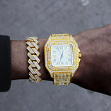Hip Hop Cuban Chain Set Silver Iced Out Rhinestone Men Jewelry