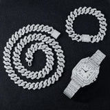 Hip Hop Cuban Chain Set Silver Iced Out Rhinestone Men Jewelry