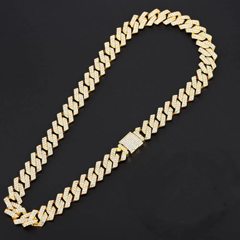 Hip Hop Cuban Chain Set Silver Iced Out Rhinestone Men Jewelry