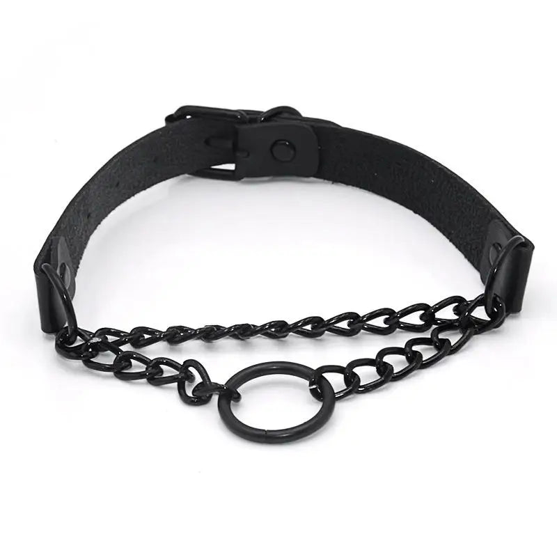 European American Dark Punk Leather Ring Necklace Chain Clavicle Chain