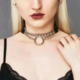 European American Dark Punk Leather Ring Necklace Chain Clavicle Chain