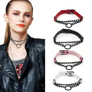 European American Dark Punk Leather Ring Necklace Chain Clavicle Chain