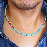 Teal Magnesite Turquoise & Red Coral Men's Beaded Necklace
