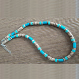Teal Magnesite Turquoise & Red Coral Men's Beaded Necklace