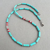 Teal Magnesite Turquoise & Red Coral Men's Beaded Necklace