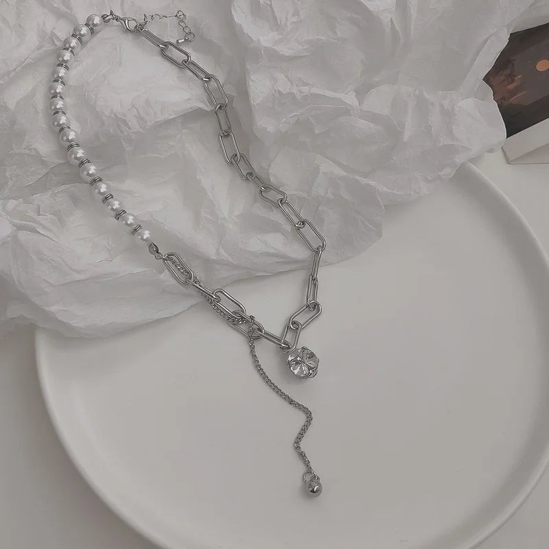 Artificial Pearls Chain Necklaces Female Silver Couples Long Ball Pendant