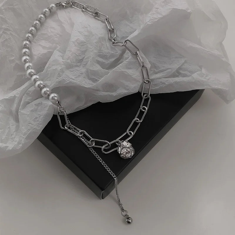 Artificial Pearls Chain Necklaces Female Silver Couples Long Ball Pendant