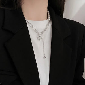 Artificial Pearls Chain Necklaces Female Silver Couples Long Ball Pendant