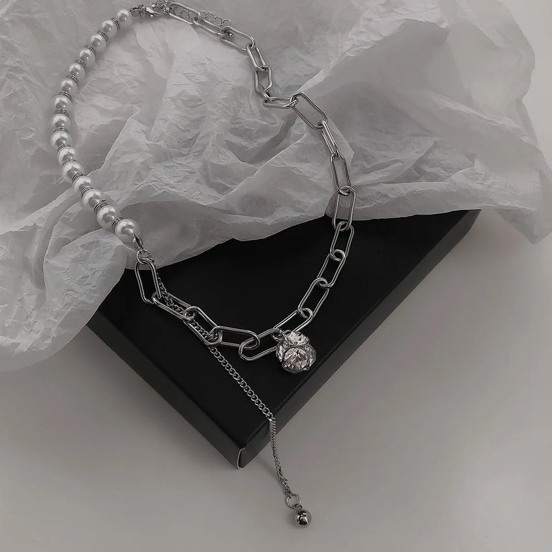 Artificial Pearls Chain Necklaces Female Silver Couples Long Ball Pendant