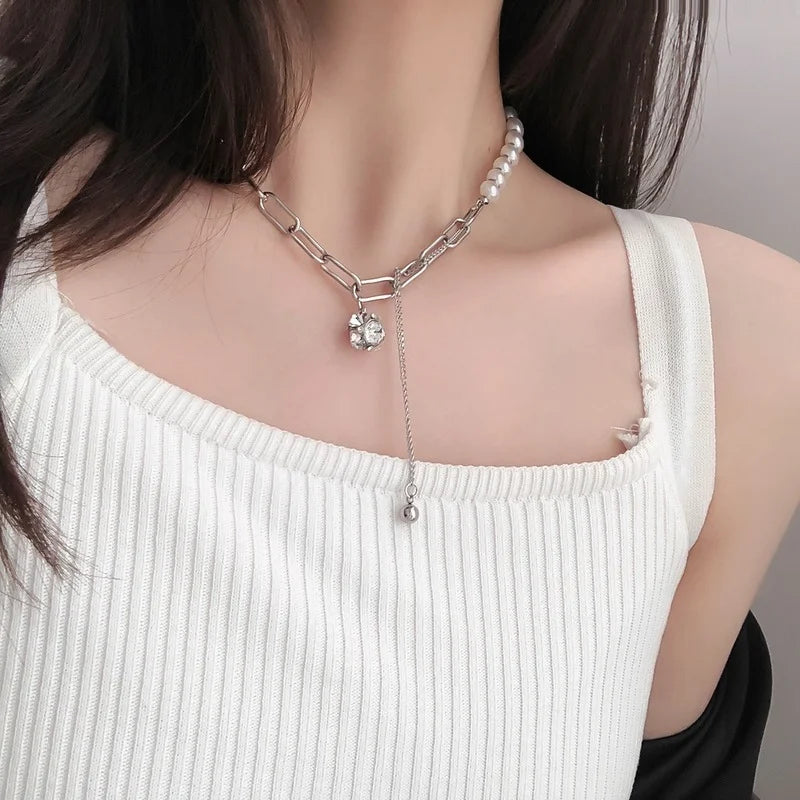 Artificial Pearls Chain Necklaces Female Silver Couples Long Ball Pendant