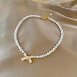 Bowknot Pendant Pearl Chain Necklace for Women, All Match Clavicle Chain