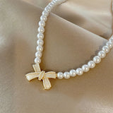 Bowknot Pendant Pearl Chain Necklace for Women, All Match Clavicle Chain