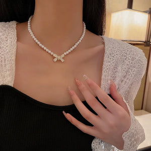Bowknot Pendant Pearl Chain Necklace for Women, All Match Clavicle Chain