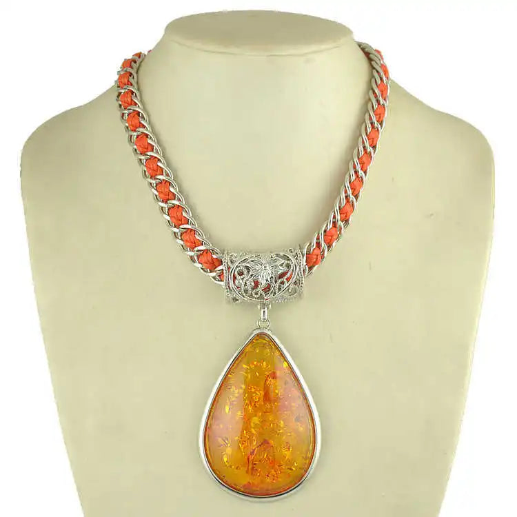 Women's Leather Rope Geometric Pendant Short Necklace Jewelry