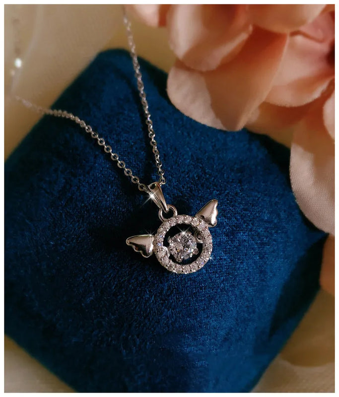 Angel Wings Beating Heart CZ Necklace Women