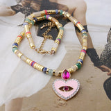 Natural Stone Beaded Heart Shape Pendant Stainless Steel Crescent Jewelry