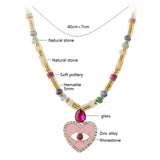 Natural Stone Beaded Heart Shape Pendant Stainless Steel Crescent Jewelry