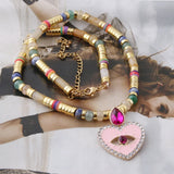 Natural Stone Beaded Heart Shape Pendant Stainless Steel Crescent Jewelry